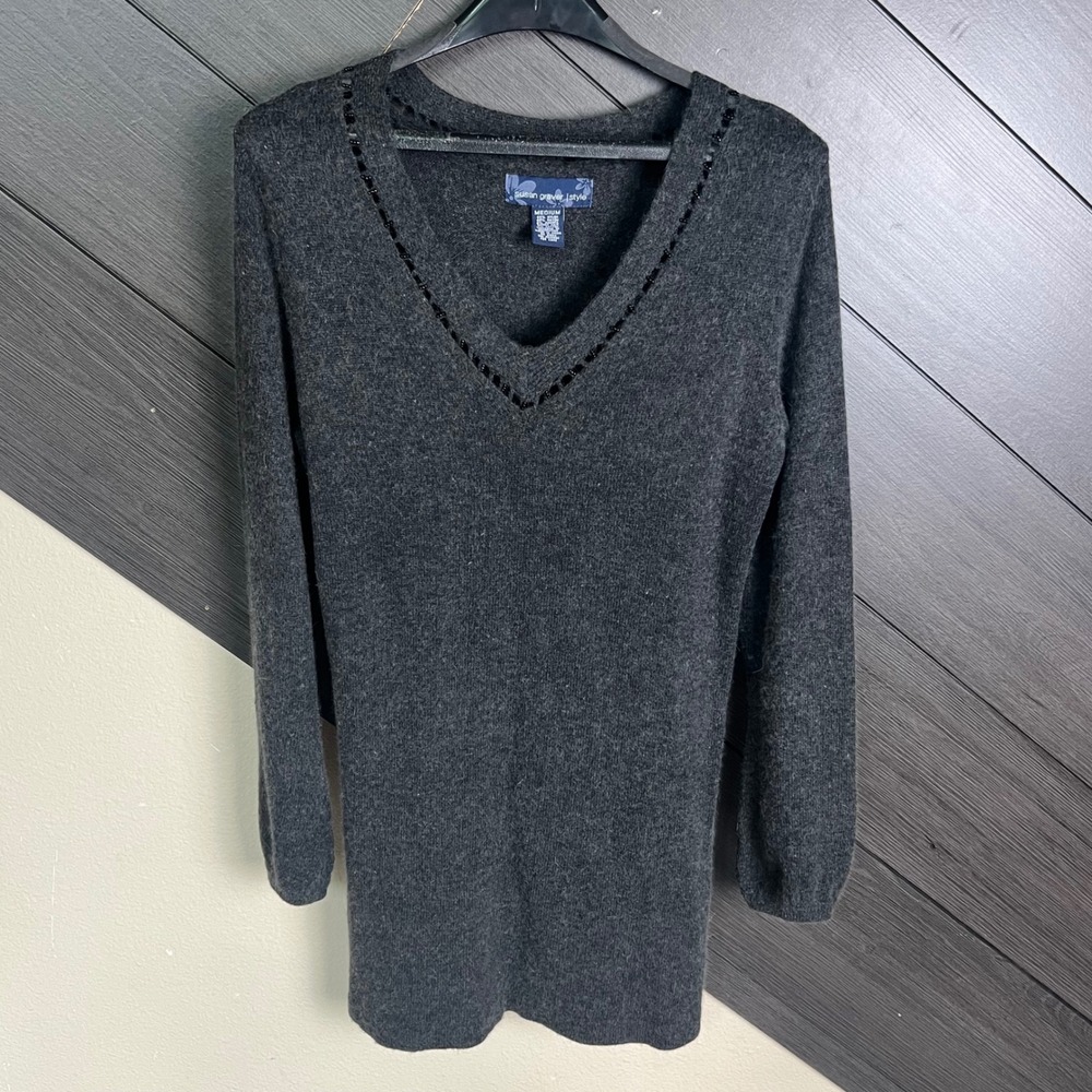 Susan Graver Women's Angora Blend Beaded V-Neck Sweater Medium Gray Y2K